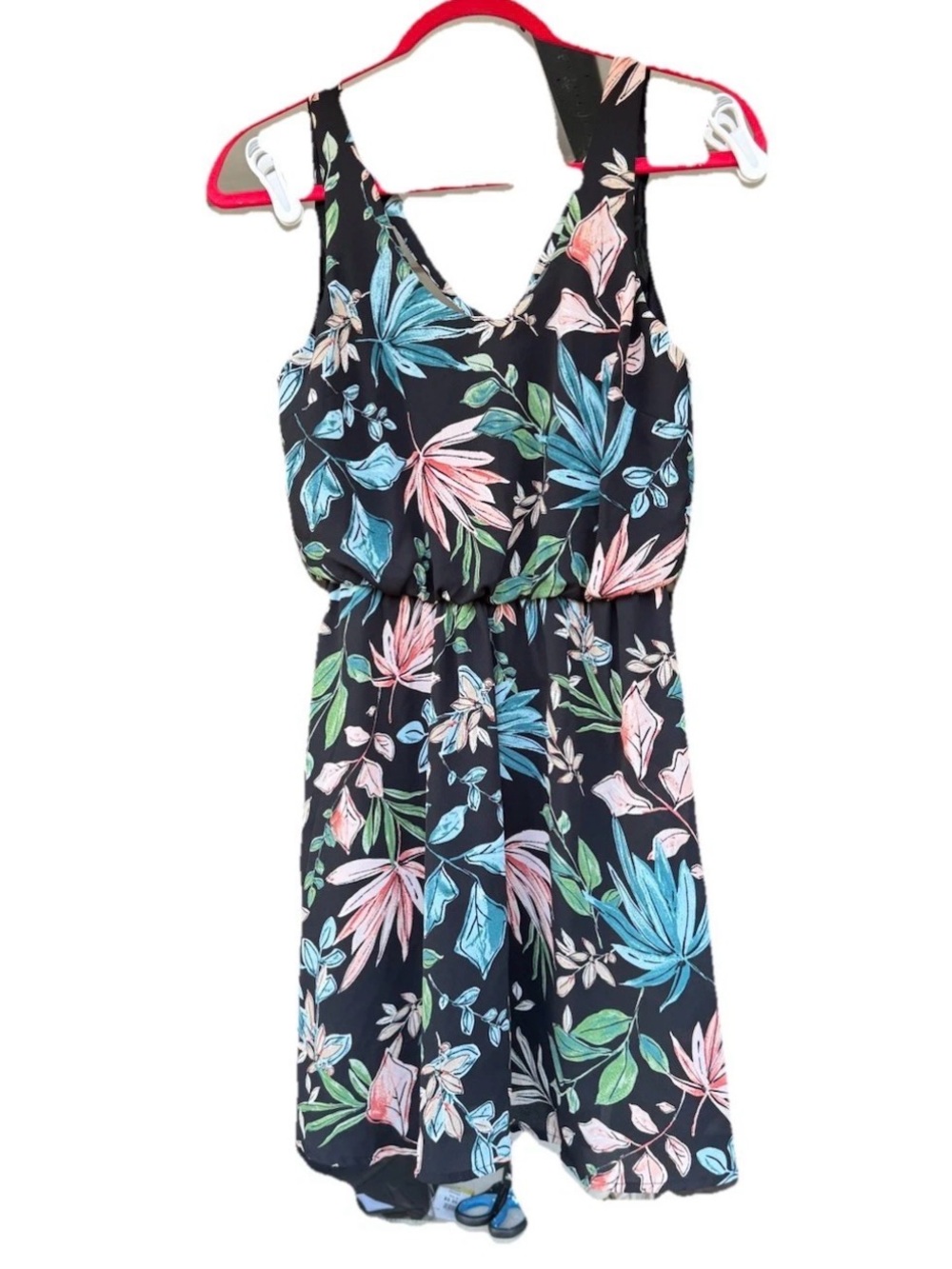 Lush Black Tropical Floral Dress with Green and Coral Print